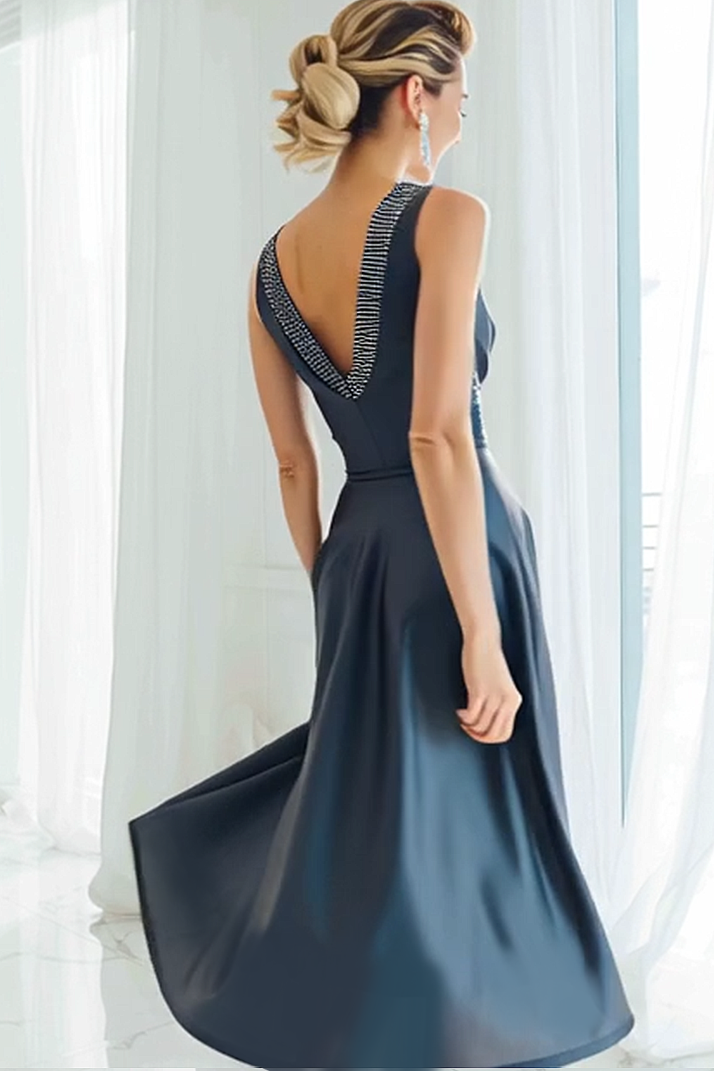 Navy Ruched Satin Beaded V-Neck A Line Midi Bridesmaid Dress