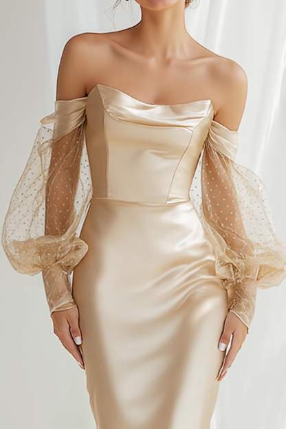 Champagne Strapless Satin Sheath Maxi Bridesmaid Dress with Sleeves