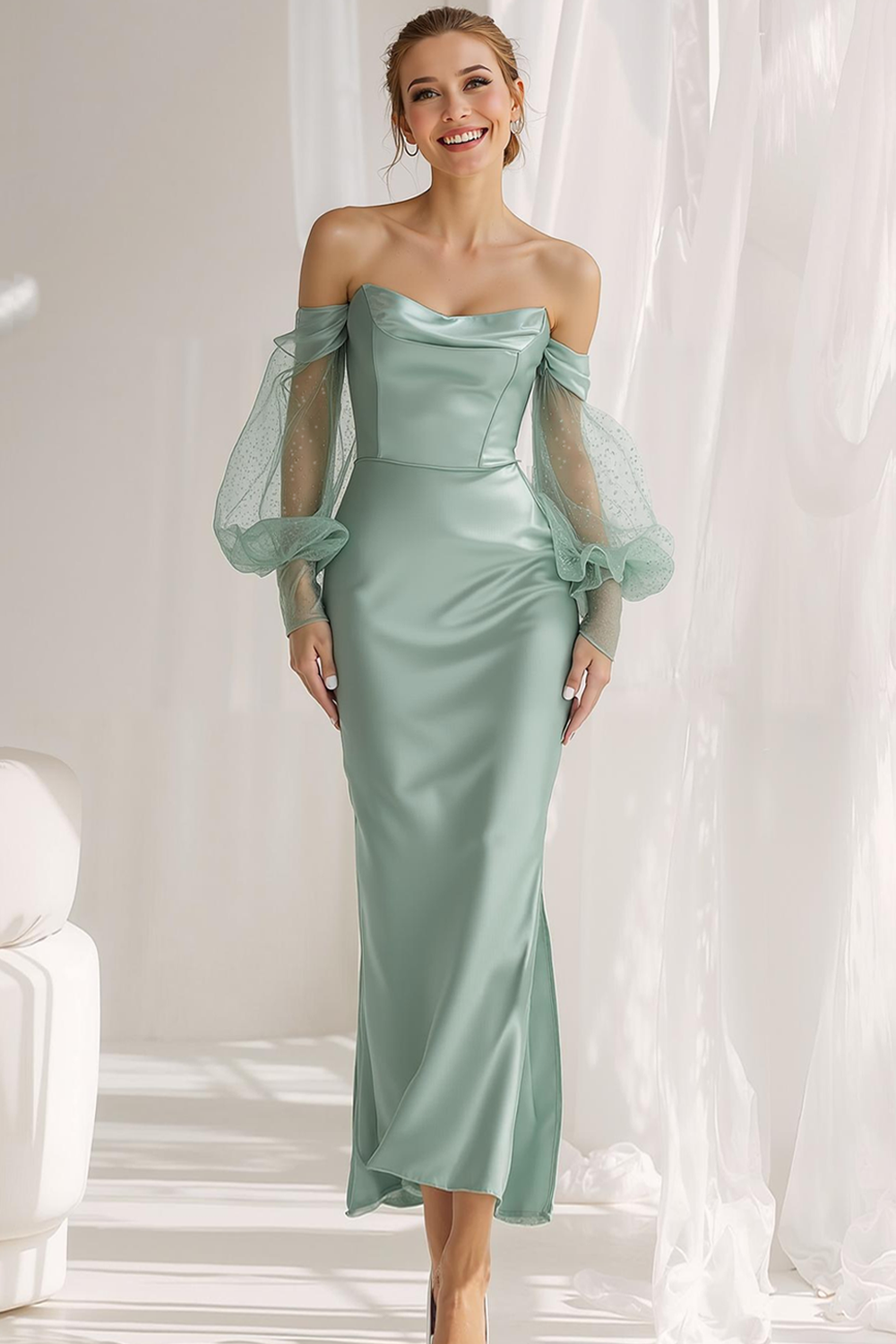 Champagne Strapless Satin Sheath Maxi Bridesmaid Dress with Sleeves