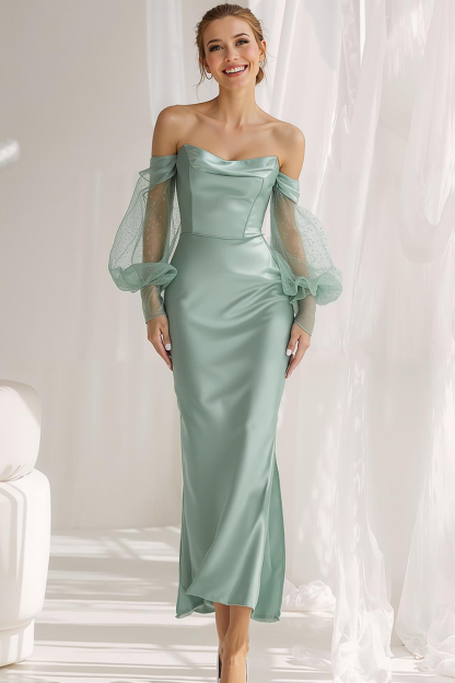Champagne Strapless Satin Sheath Maxi Bridesmaid Dress with Sleeves