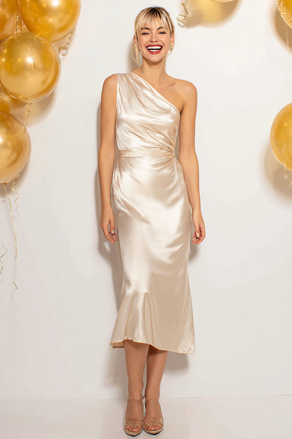 Leely Women Champagne Satin Mermaid Midi Bridesmaid Dress Ruched One Shoulder Wedding Guest Dress