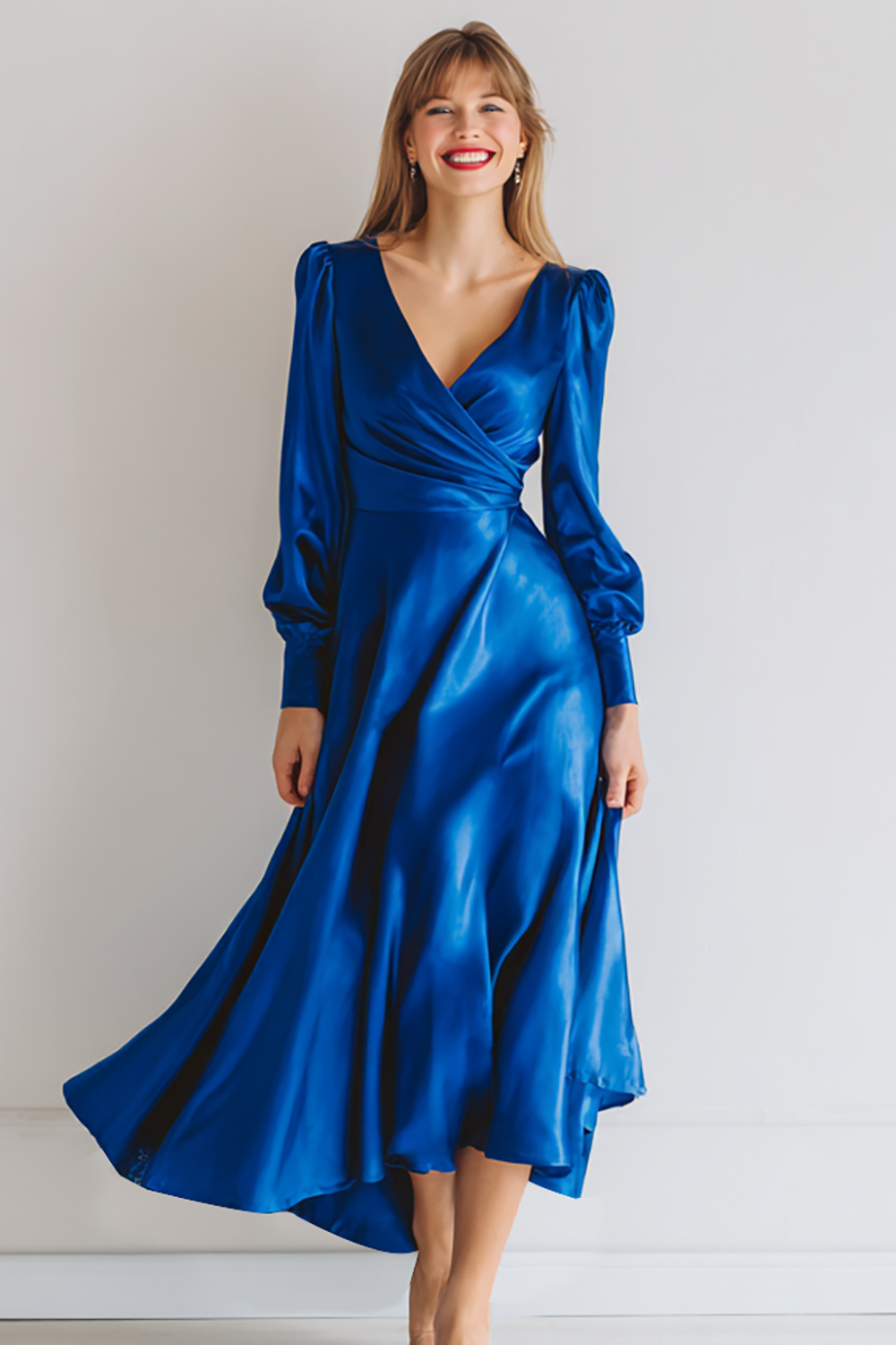 Royal Blue Ruched Satin V-Neck A Line Maxi Bridesmaid Dress with Sleeves