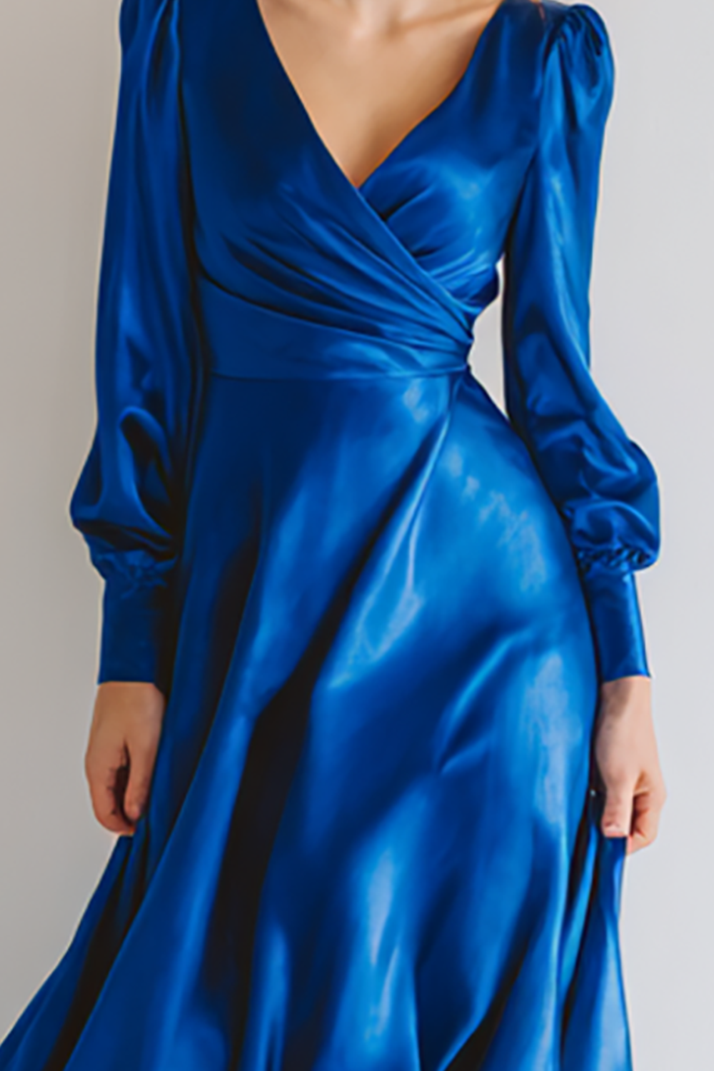Royal Blue Ruched Satin V-Neck A Line Maxi Bridesmaid Dress with Sleeves