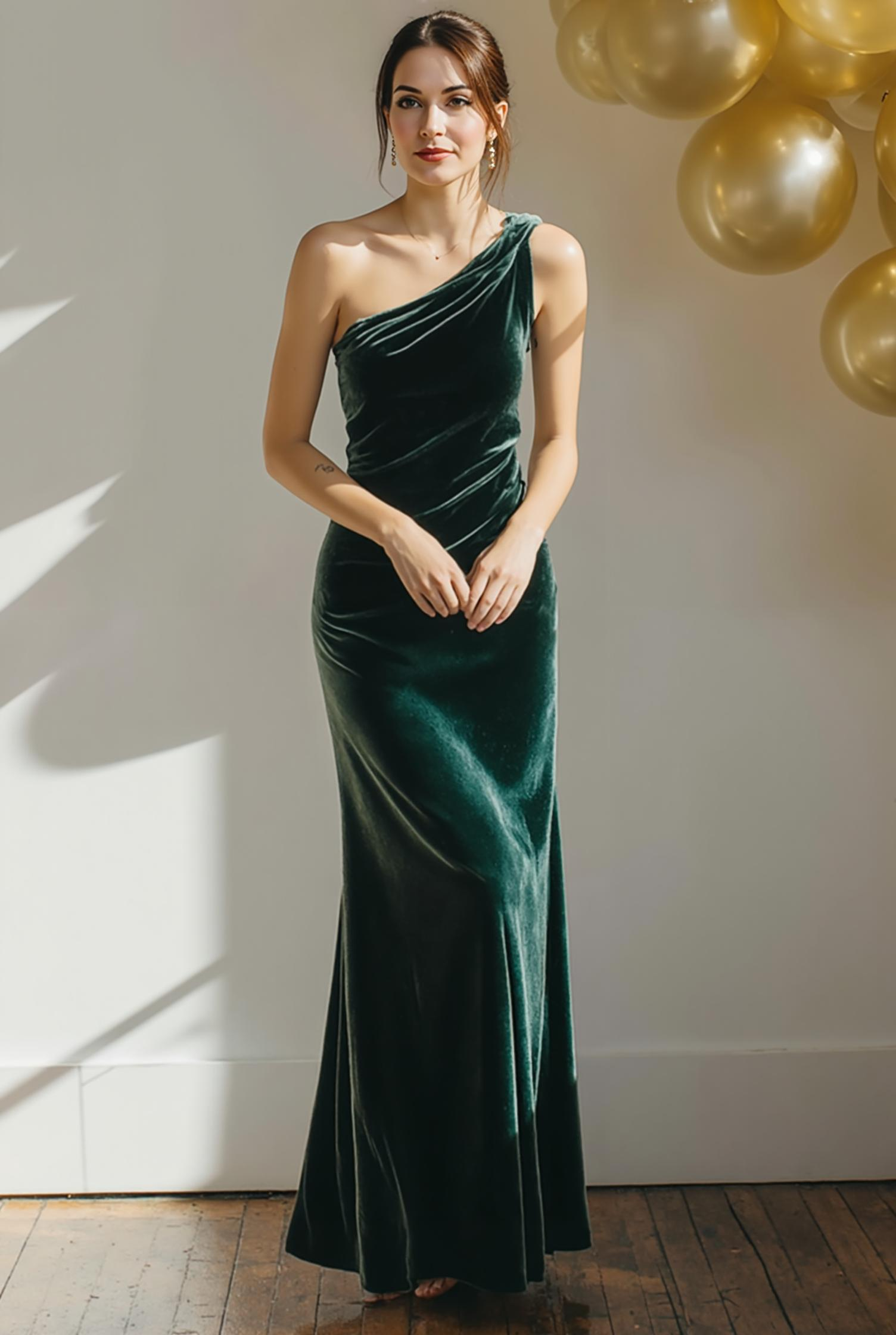 Leely Women Dark Green Mermaid Maxi Bridesmaid Dress Velvet One Shoulder Wedding Guest Dress