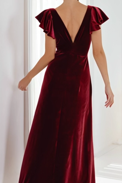 Cabernet Velvet V-Neck A Line Ruched Maxi Bridesmaid Dress with Ruffles