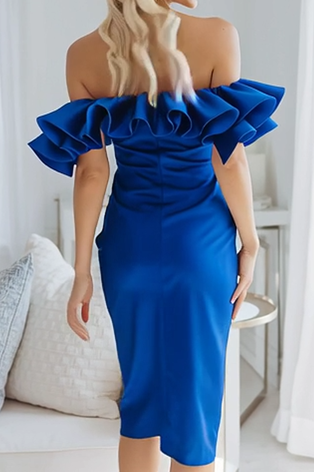 Royal Blue Sheath Ruffled Off the Shoulder Midi Wedding Guest Dress