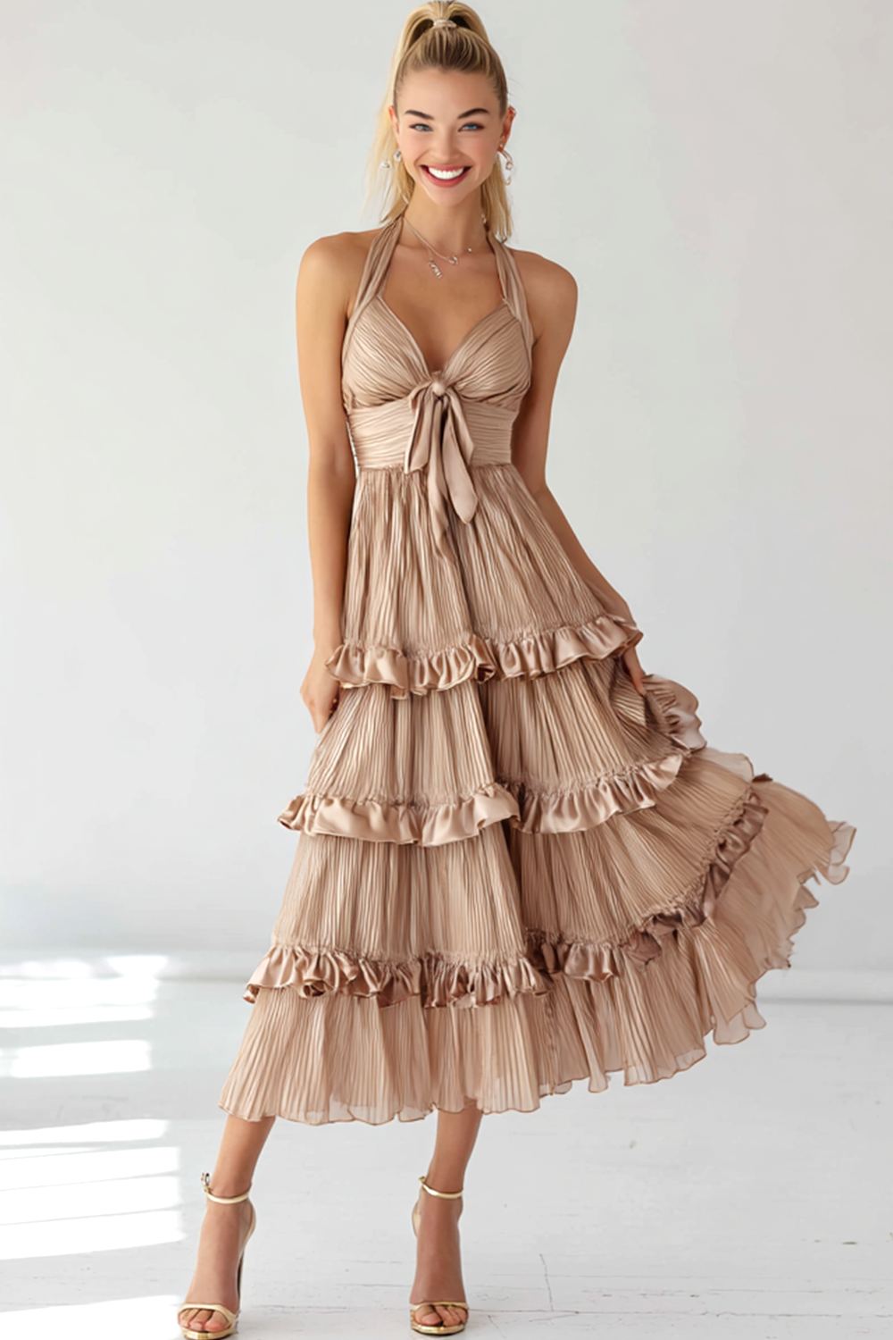 Leely Women Light Pink Tiered Tulle Long Wedding Guest Dress with bow Halter Ruffled A Line Wedding Party Dress