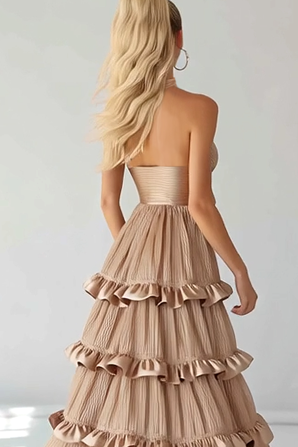 Light Pink Halter Tiered Tulle Ruffled Long Wedding Guest Dress with bow