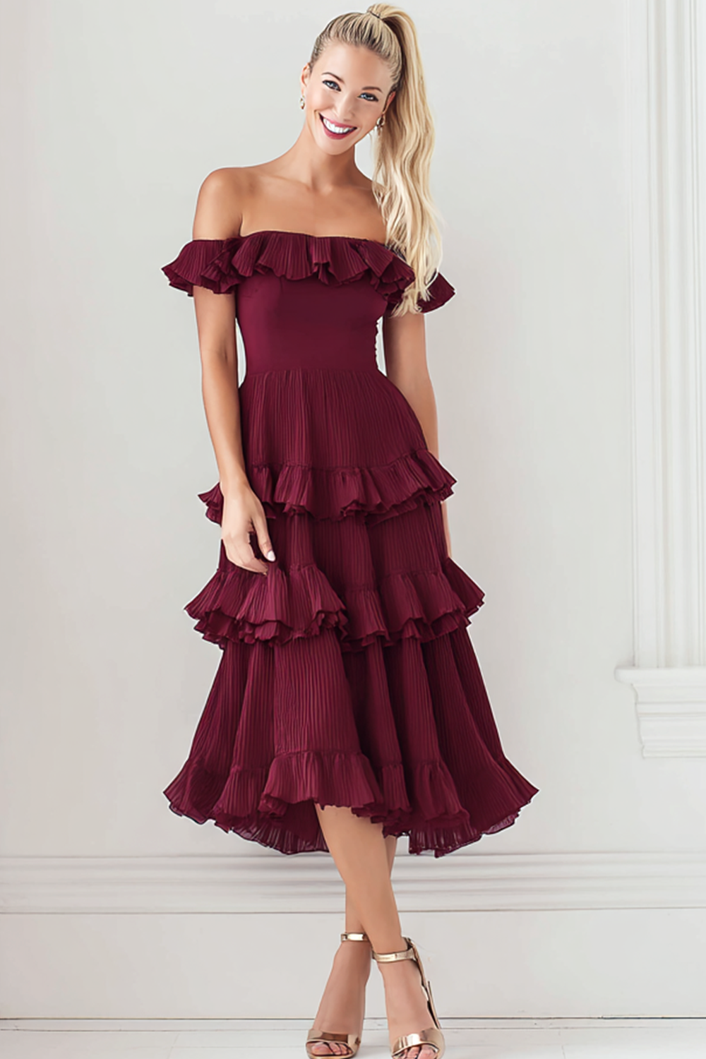Leely Women Cabernet Tiered Midi Bridesmaid Dress with Ruffles A Line Off the Shoulder Pleated Wedding Guest Dress