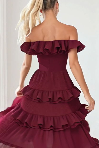 Cabernet Tiered A Line Off the Shoulder Midi Bridesmaid Dress with Ruffles