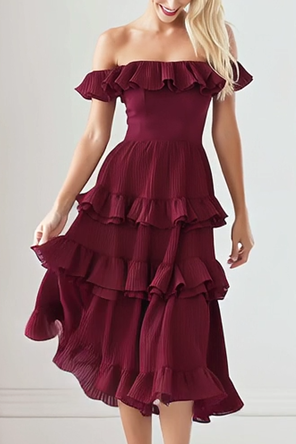 Cabernet Tiered A Line Off the Shoulder Midi Bridesmaid Dress with Ruffles