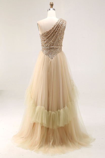 Sparkly Brown Pleated Tulle One Shoulder Long Wedding Guest Dress with Sequins