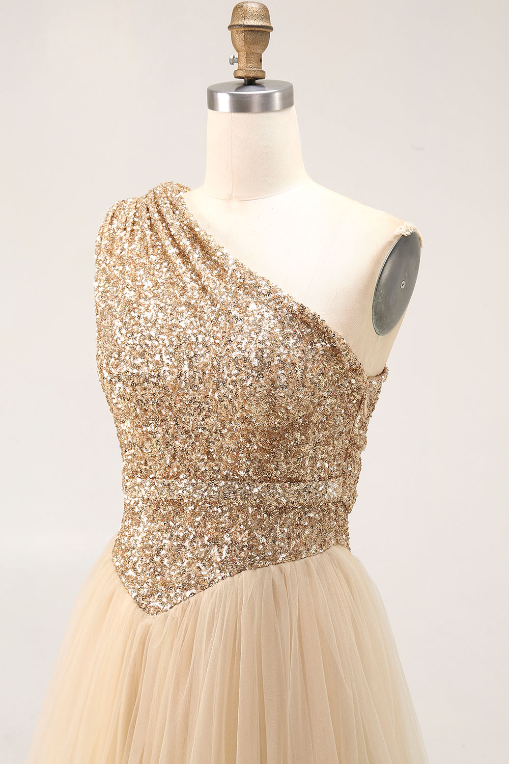 Brown Pleated Tulle A Line Long Wedding Guest Dress with Sequins