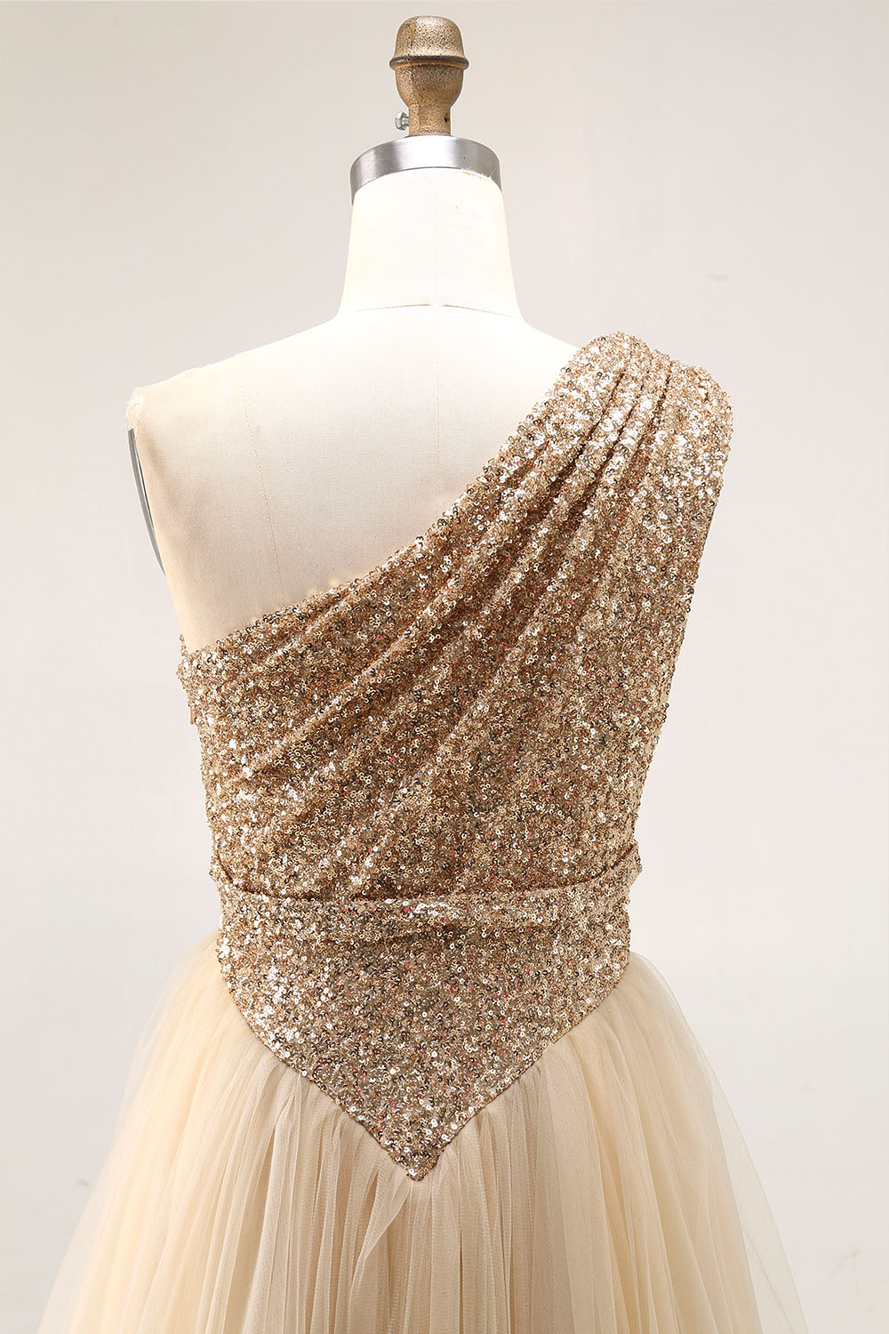 Brown Pleated Tulle A Line Long Wedding Guest Dress with Sequins