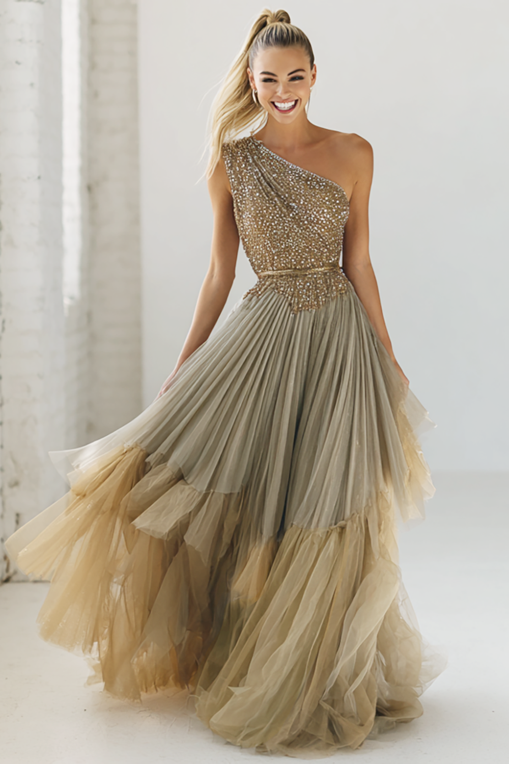 Sparkly Brown Pleated Tulle One Shoulder Long Wedding Guest Dress with Sequins
