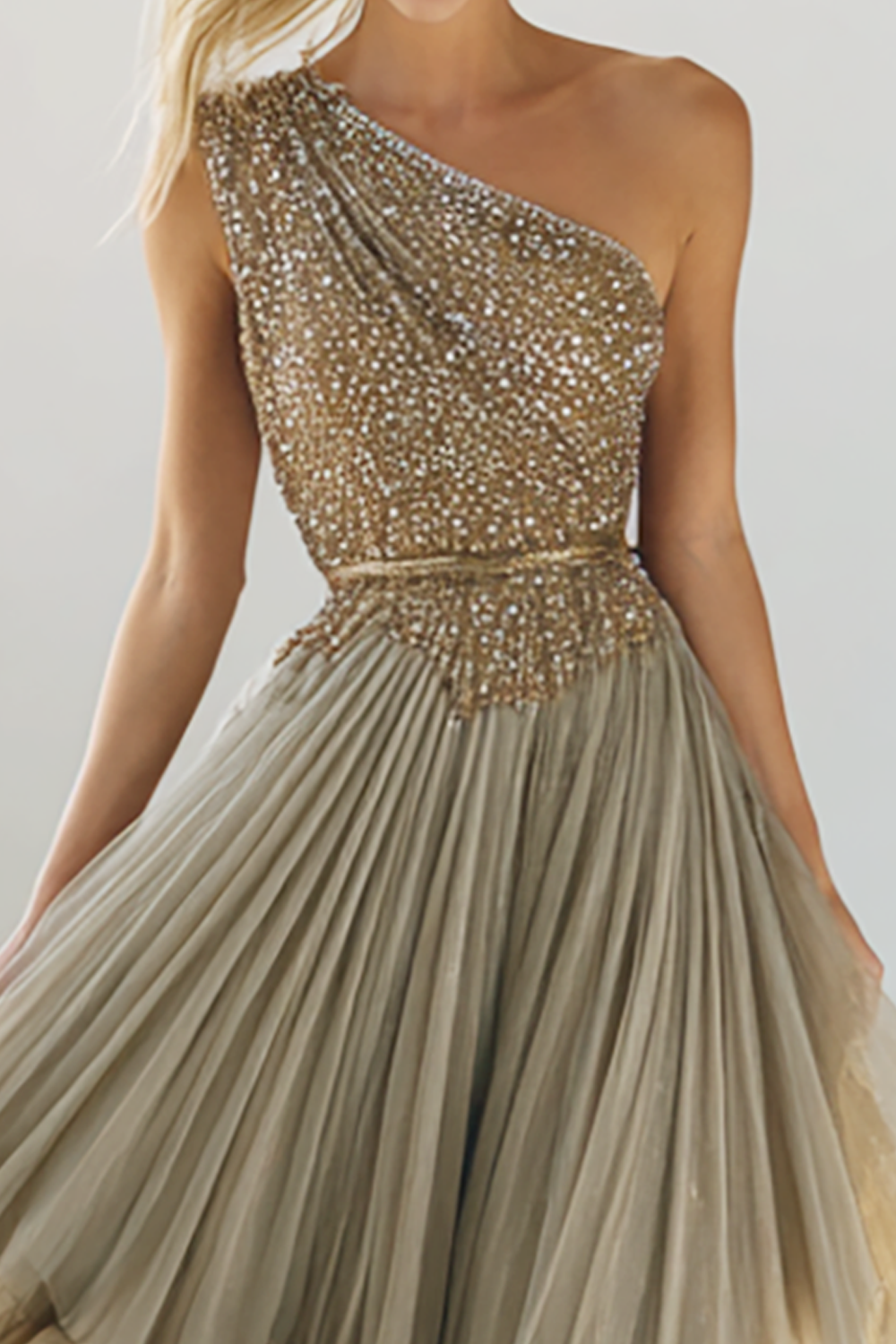 Sparkly Brown Pleated Tulle One Shoulder Long Wedding Guest Dress with Sequins