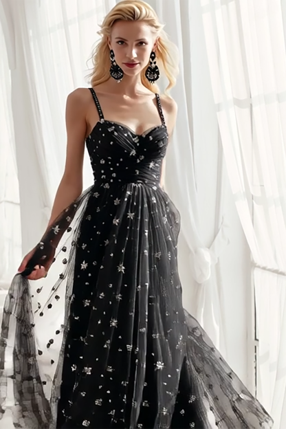 Black White Tulle Spaghetti Straps Snowflake A Line Long Wedding Guest Dress
