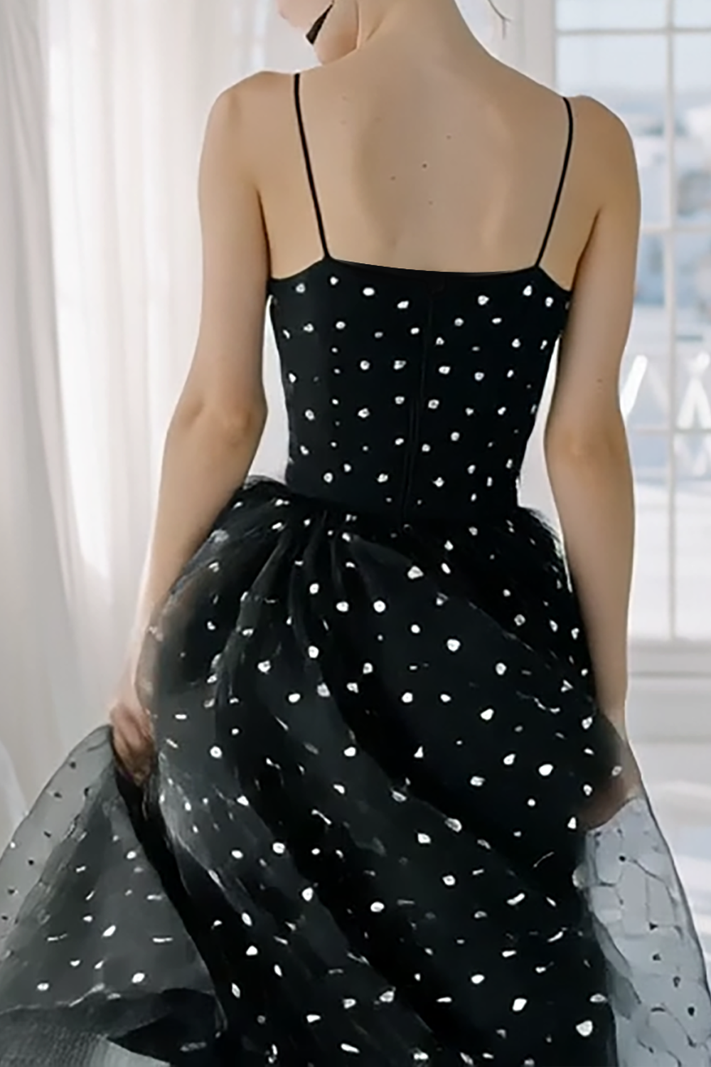 Black White Tulle Spaghetti Straps A Line Midi Wedding Guest Dress