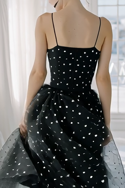 Black White Tulle Spaghetti Straps A Line Midi Wedding Guest Dress