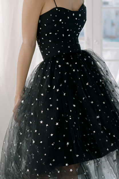 Black White Tulle Spaghetti Straps A Line Midi Wedding Guest Dress