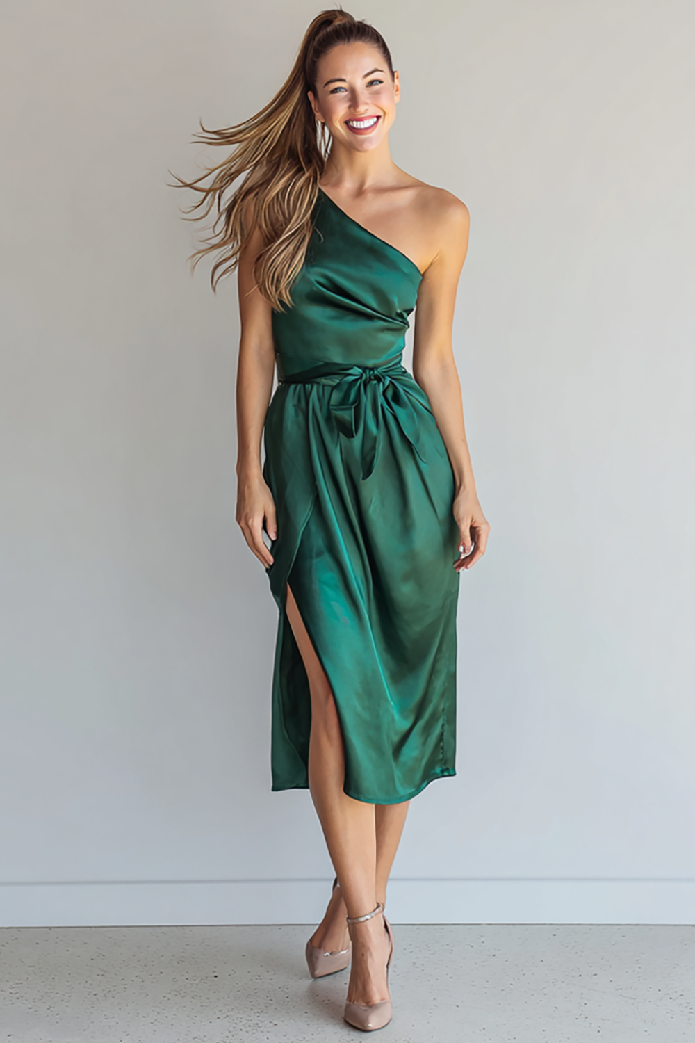 Dark Green Satin Sheath One Shoulder Midi Bridesmaid Dress with Slit