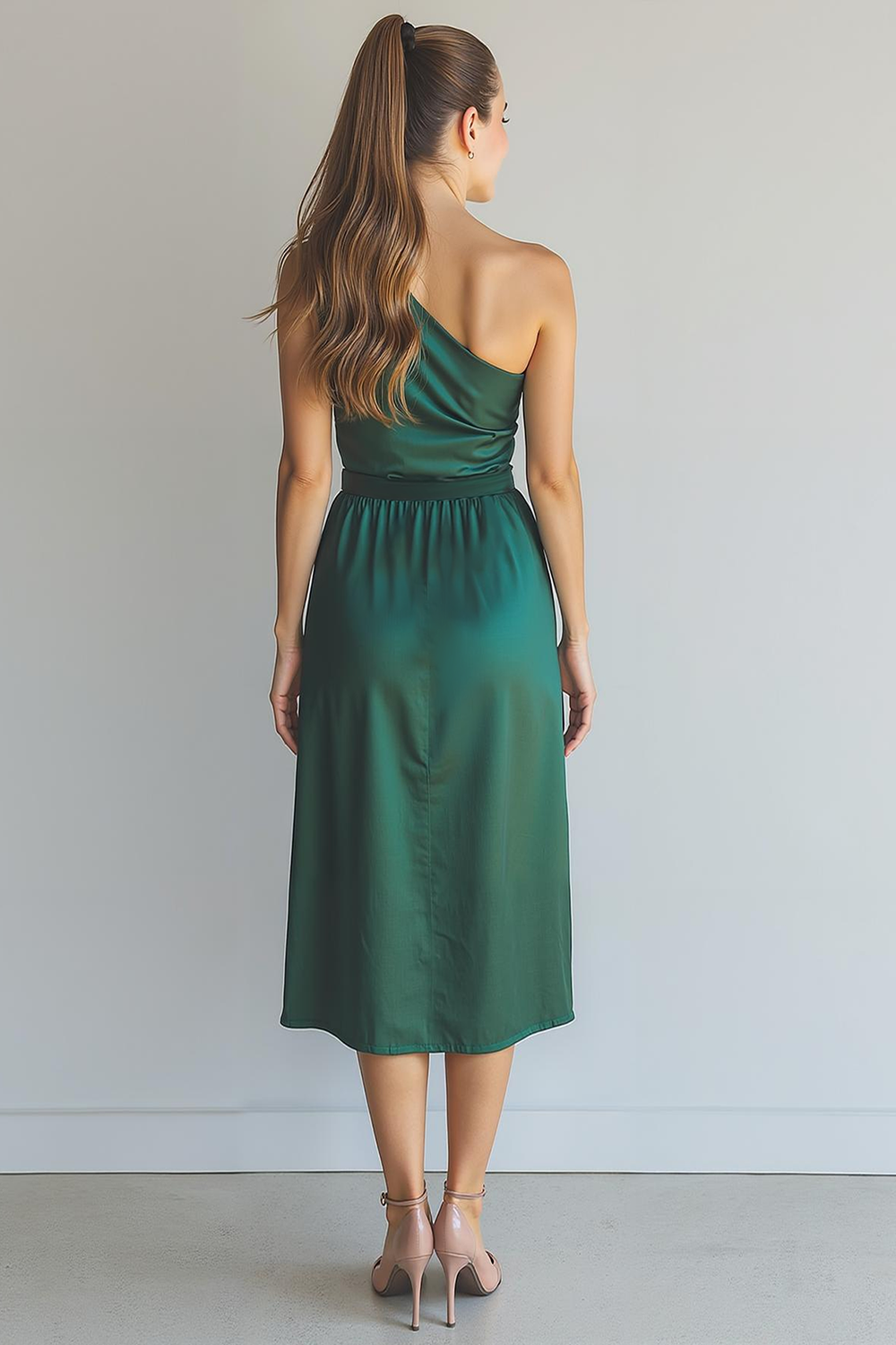 Dark Green Satin Sheath One Shoulder Midi Bridesmaid Dress with Slit