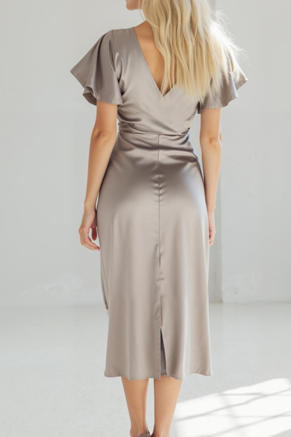 Silver Sheath Satin V-Neck Maxi Bridesmaid Dress with Ruffles