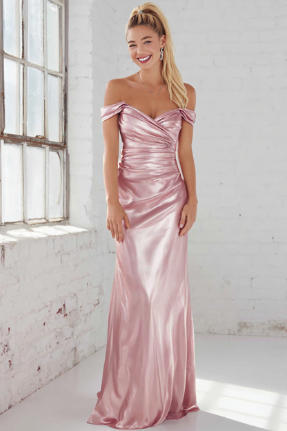 Leely Women Pink Mermaid Satin Maxi Bridesmaid Dress Ruched Off the Shoulder Wedding Guest Dress