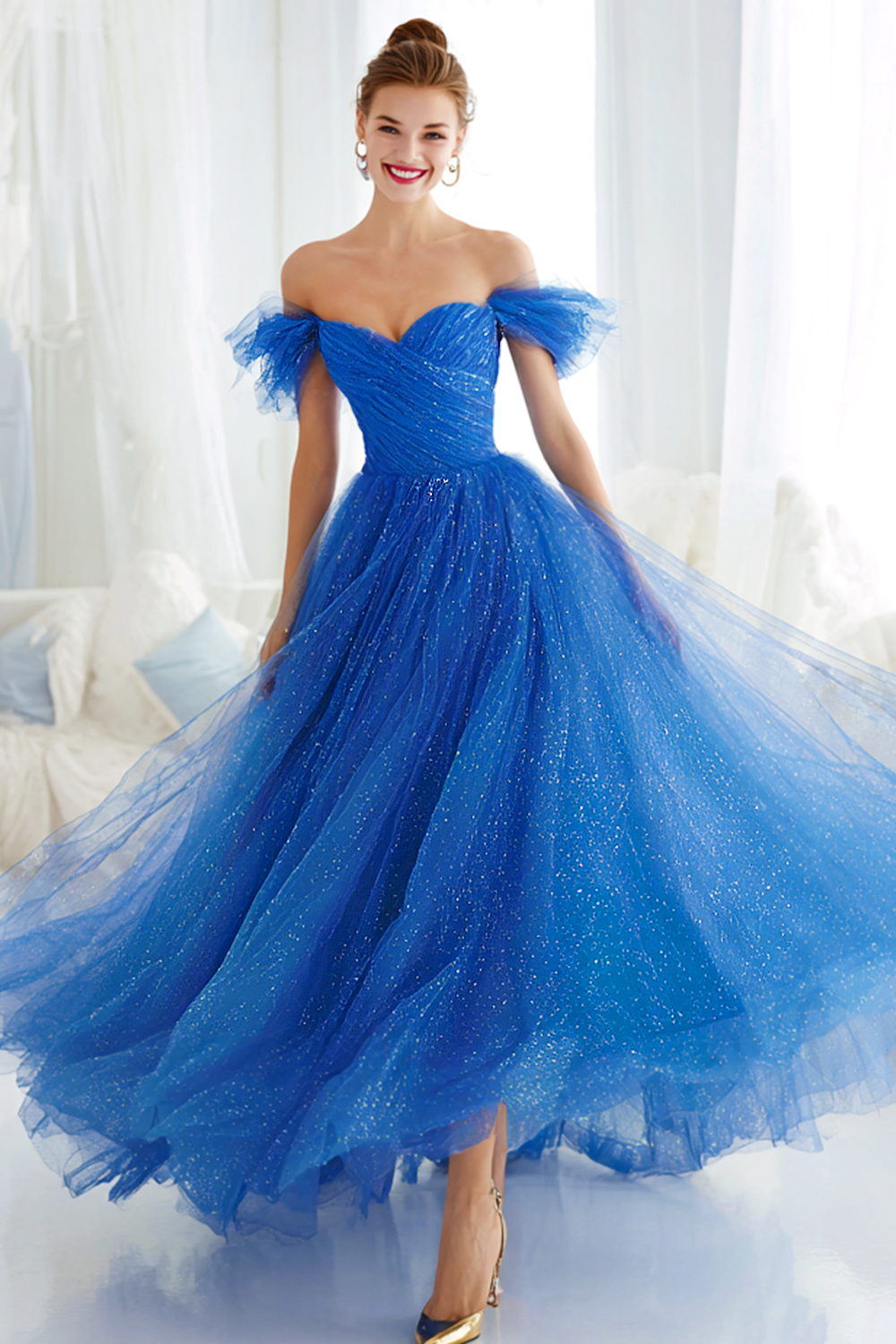 Leely Women Glitter Royal Blue Tulle Maxi Wedding Guest Dress A Line Off the Shoulder Ruched Wedding Party Dress