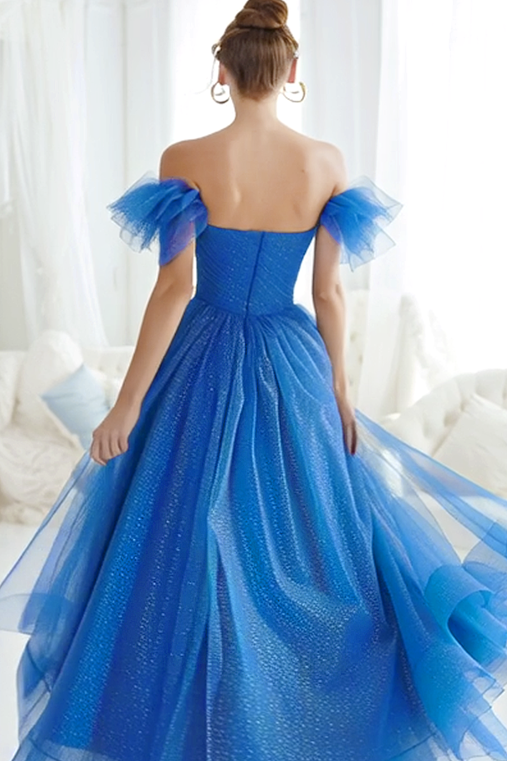 Glitter Royal Blue Tulle A Line Off the Shoulder Maxi Wedding Guest Dress