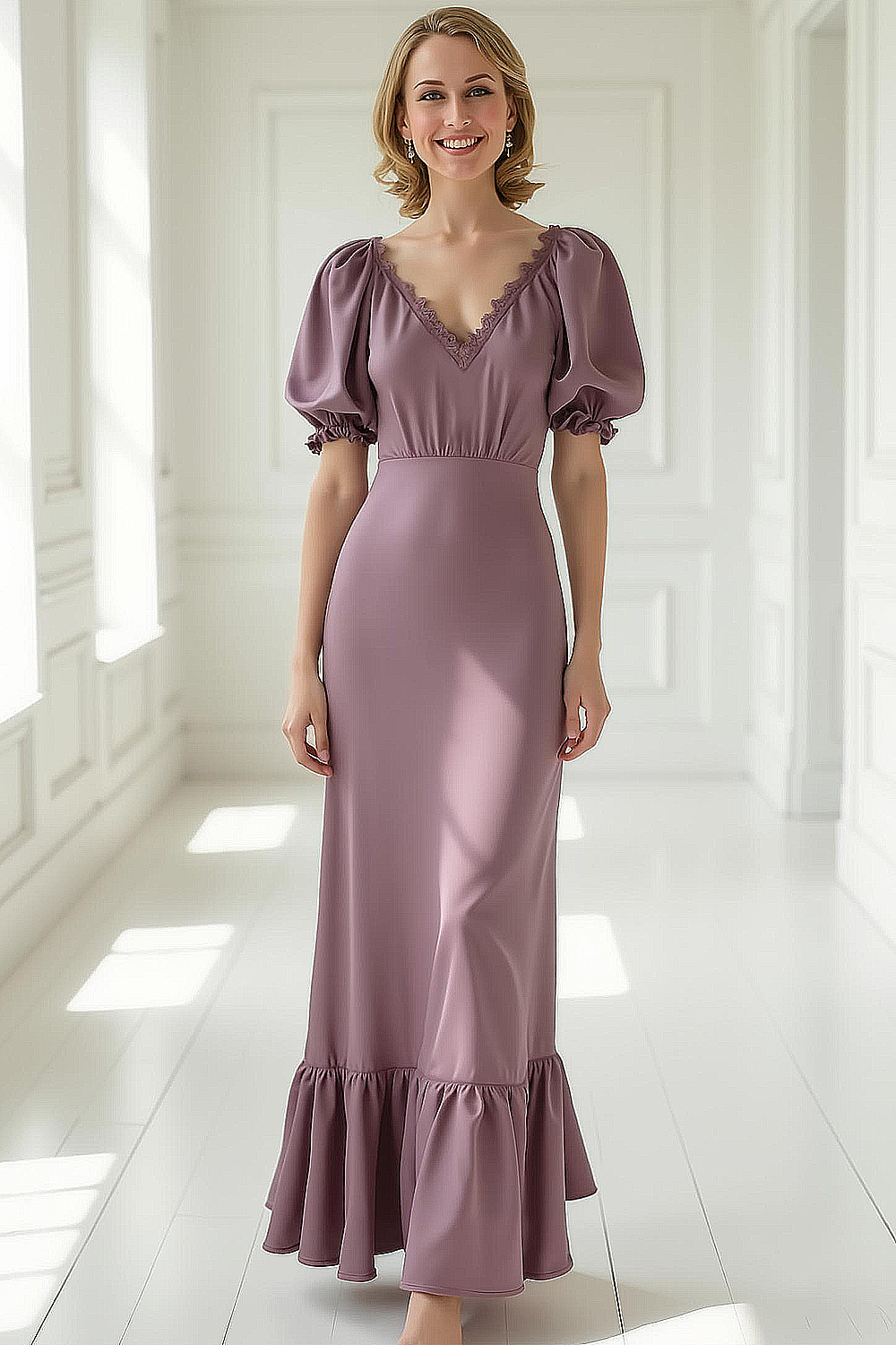 Leely Women Dusty Purple Sheath Satin Maxi Bridesmaid Dress Ruffled V-neck Wedding Guest Dress with Sleeves