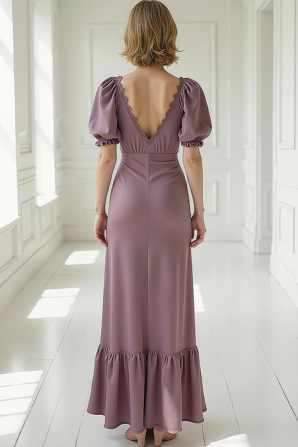 Dusty Purple Sheath Satin V-neck Maxi Bridesmaid Dress with Ruffles