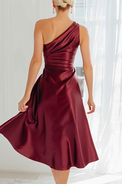 Cabernet Satin A Line One Shoulder Midi Bridesmaid Dress
