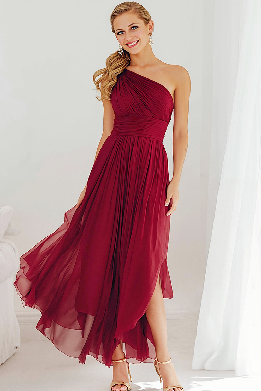 Leely Women Cabernet A Line Long Bridesmaid Dress Ruched One Shoulder Wedding Guest Dress