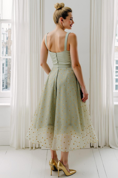 Sage Green A Line Thick Straps Dotted Maxi Bridesmaid Dress