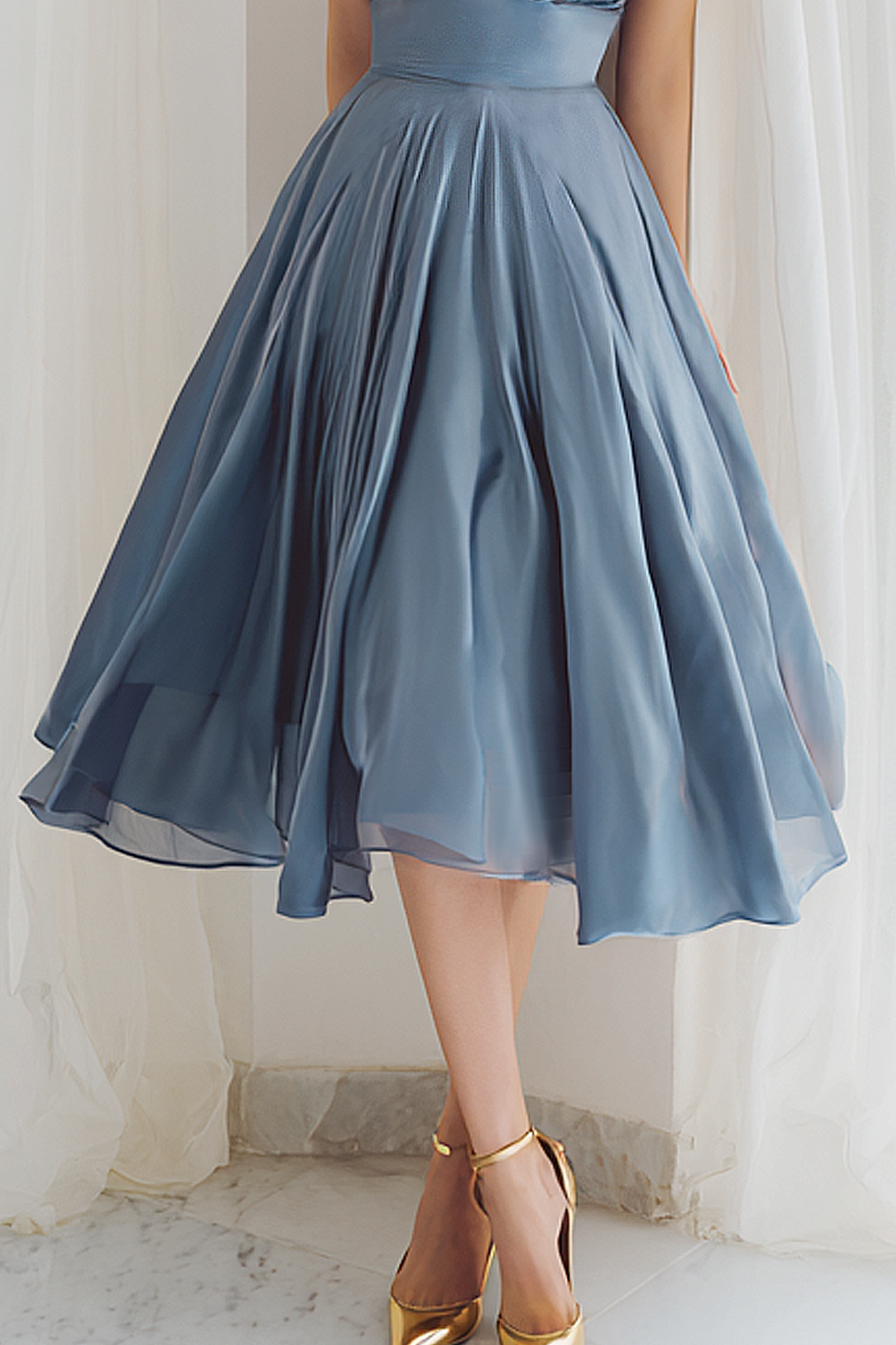 Blue Satin Halter A Line Midi Bridesmaid Dress