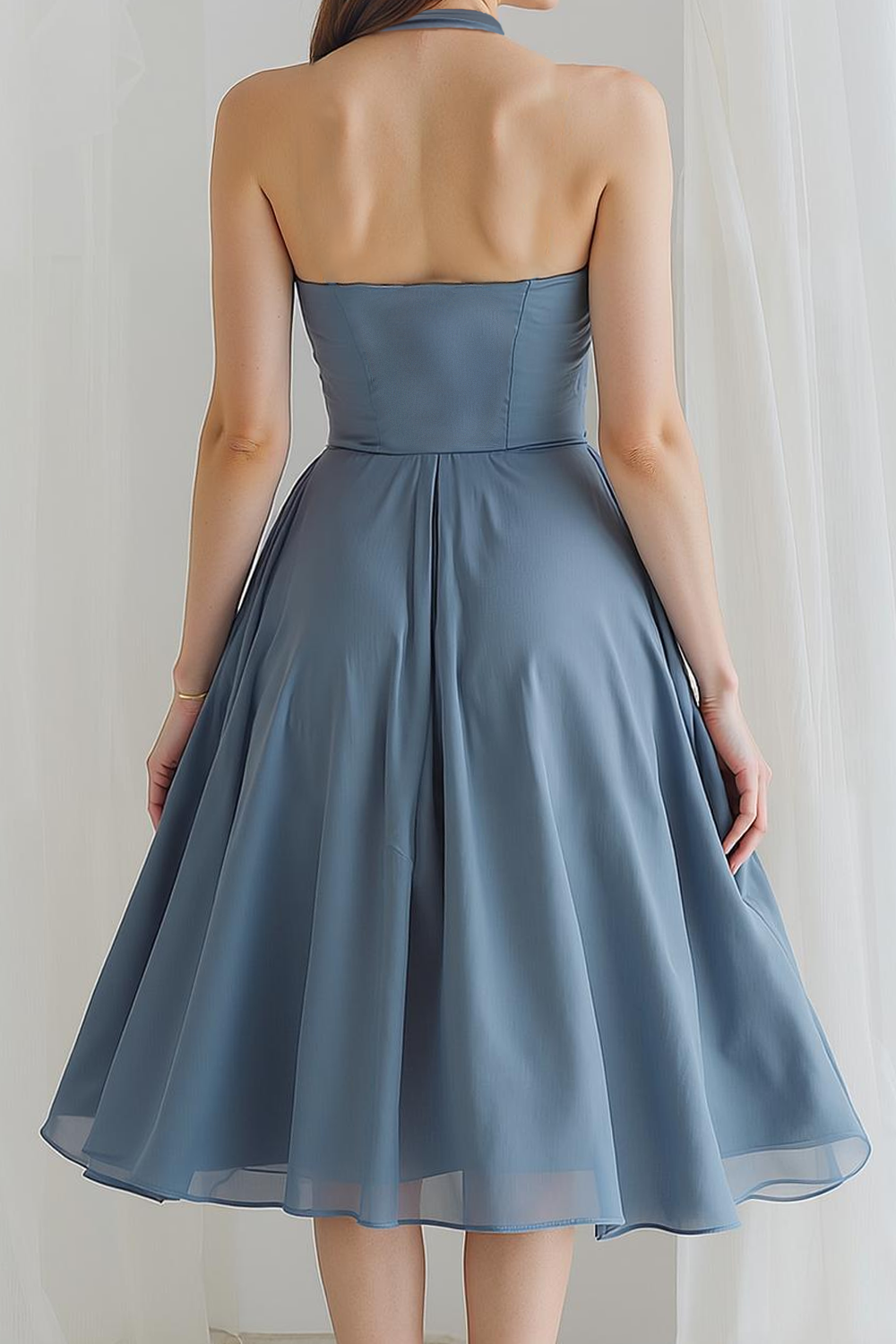 Blue Satin Halter A Line Midi Bridesmaid Dress