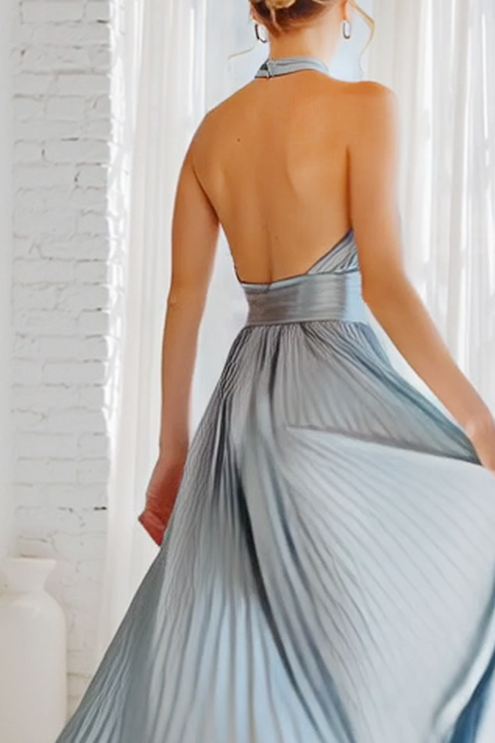Light Blue Satin Halter Backless Pleated Maxi Bridesmaid Dress