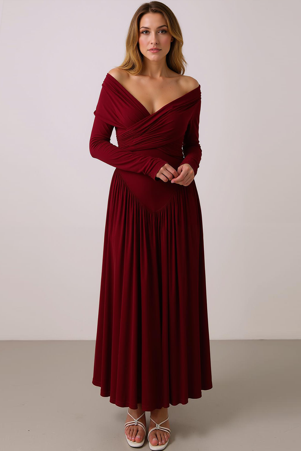 White A Line Off the Shoulder Maxi Wedding Guest Dress with Sleeves