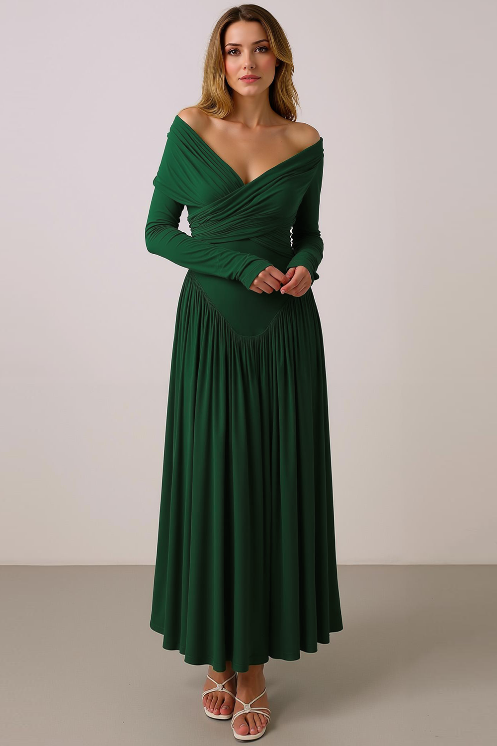 White A Line Off the Shoulder Maxi Wedding Guest Dress with Sleeves