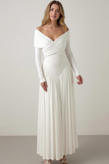 White A Line Off the Shoulder Maxi Wedding Guest Dress with Sleeves