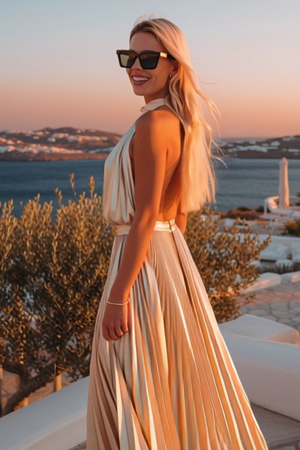 Champagne Metallic Backless Pleated A Line Long Wedding Guest Dress