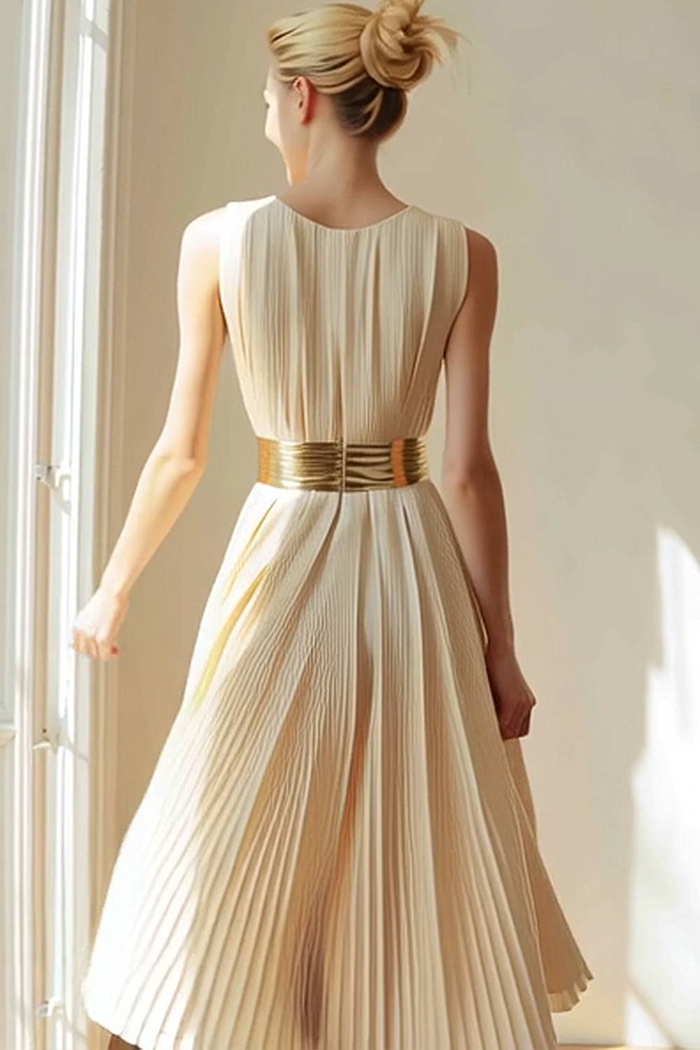Ivory A Line Boat Neck Pleated Midi Bridesmaid Dress