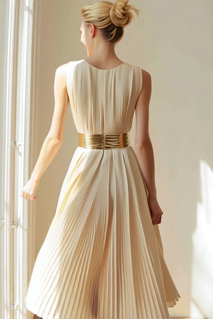 Ivory A Line Boat Neck Pleated Midi Bridesmaid Dress