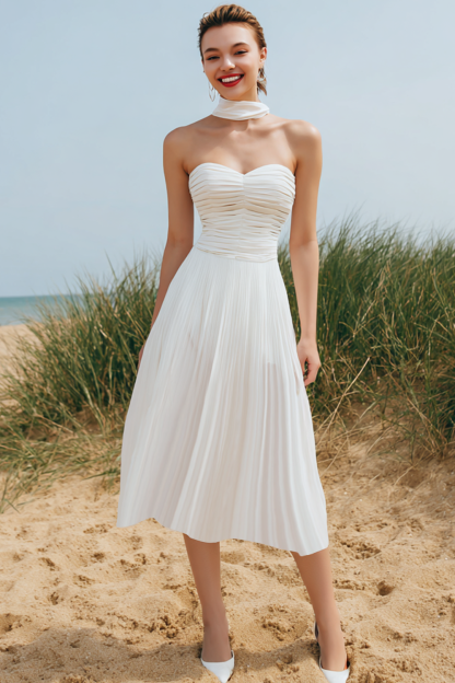 Leely Women White Sweetheart Midi Bridesmaid Dress Pleated A Line Wedding Guest Dress