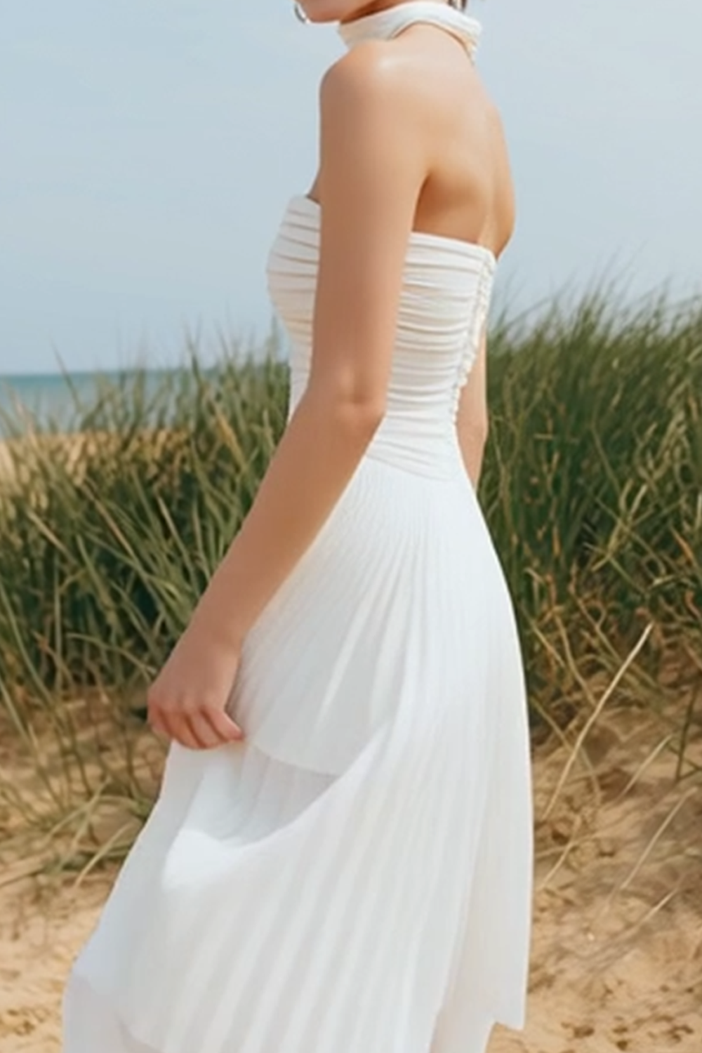 White Sweetheart Pleated A Line Midi Bridesmaid Dress
