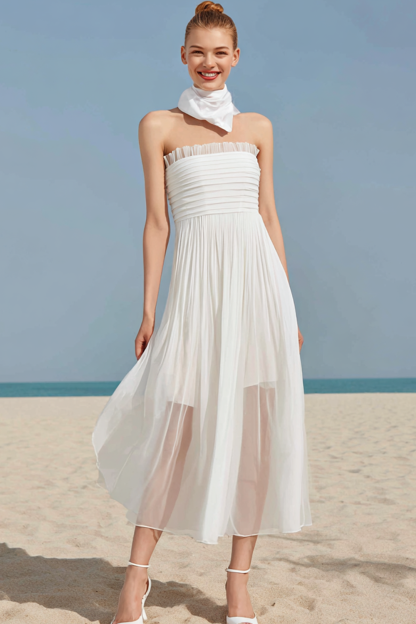 Leely Women White Long Bridesmaid Dress Strapless Ruched A Line Wedding Guest Dress