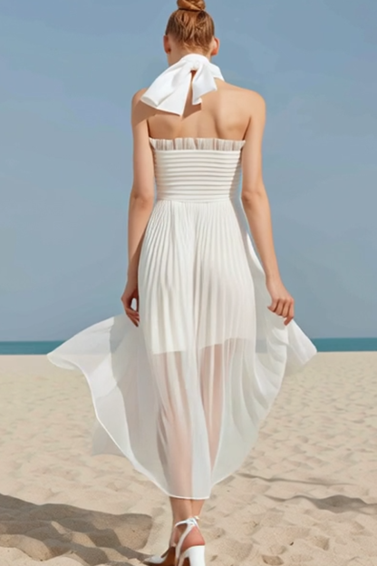 White Strapless Ruched A Line Long Bridesmaid Dress
