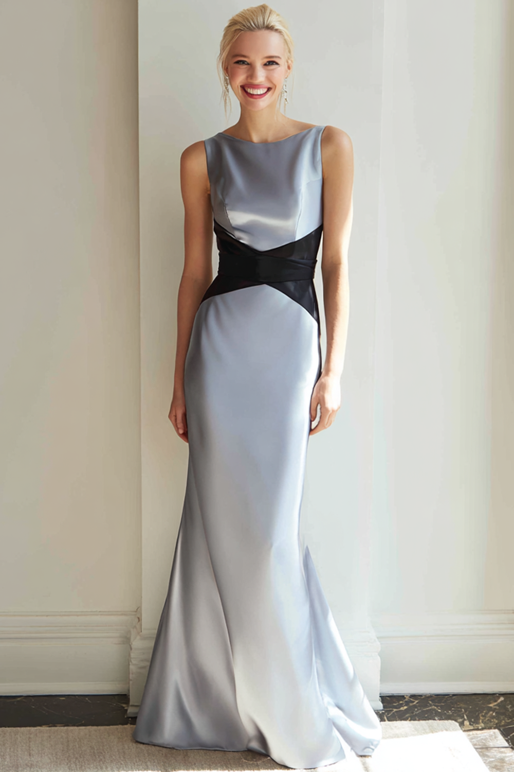 Grey Blue Black Satin Mermaid Boat Neck Maxi Wedding Guest Dress
