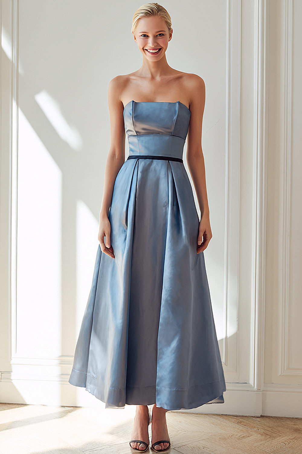 Leely Women Blue Satin Maxi Bridesmaid Dress Strapless A Line Wedding Guest Dress